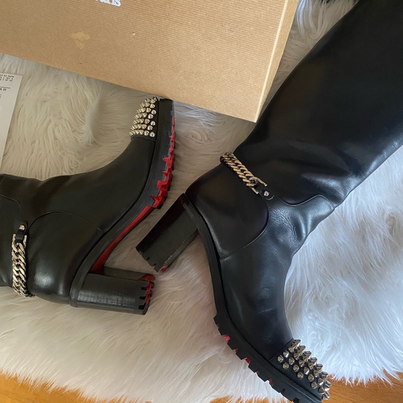 SOLD❤️Christian Louboutin Napaleona Spiked-Toe Red Knee Bl boots leather - Picture 10 of 16